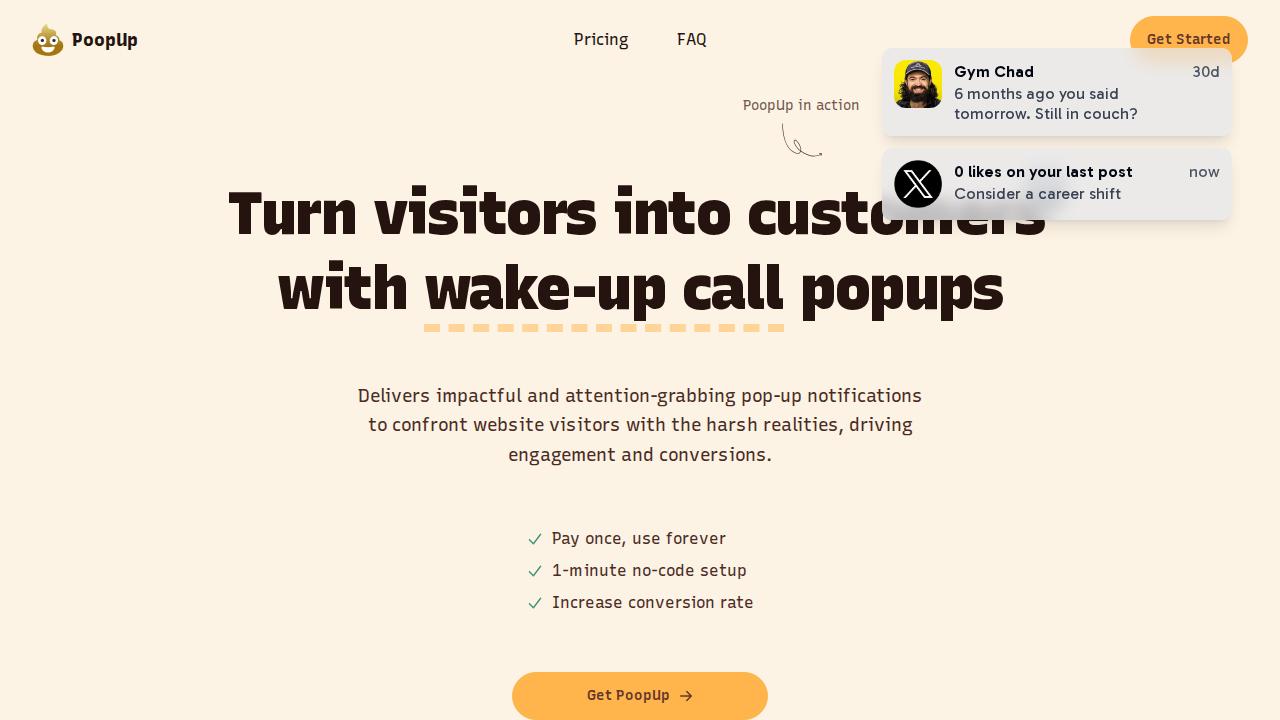 Screenshot of Wake-up call popups to turn visitors into customers | PoopUp